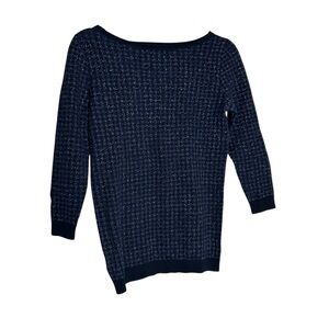 Ann Taylor Factory Navy Blue Metallic Wide Neck Houndstooth Sweater XSP